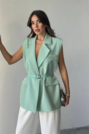 Veste blazer décontractée sans manches avec ceinture