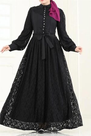 Robe hijab noire en dentelle